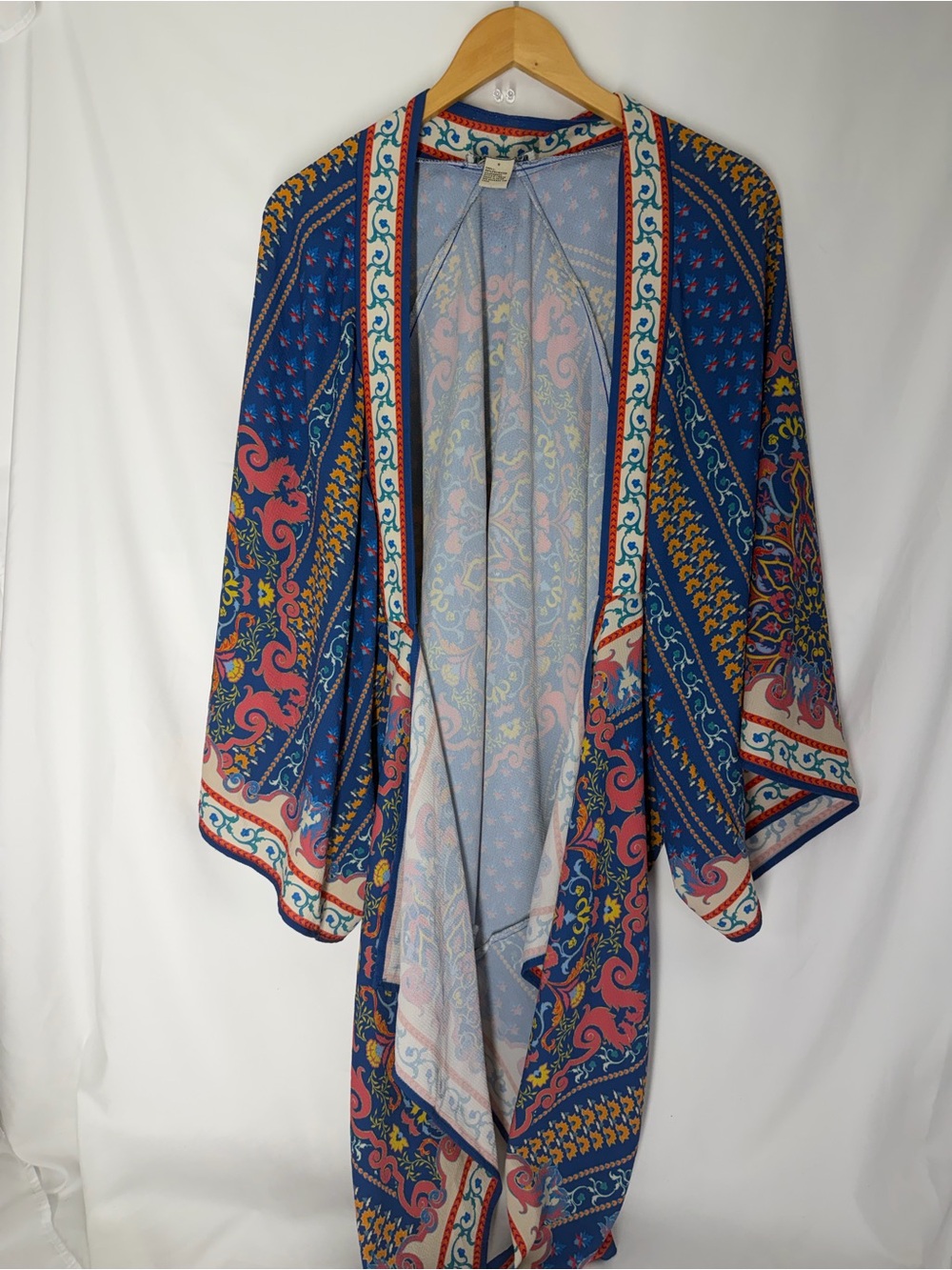 Boho Printed Open Front Kimono Jacket - Blue & Pink